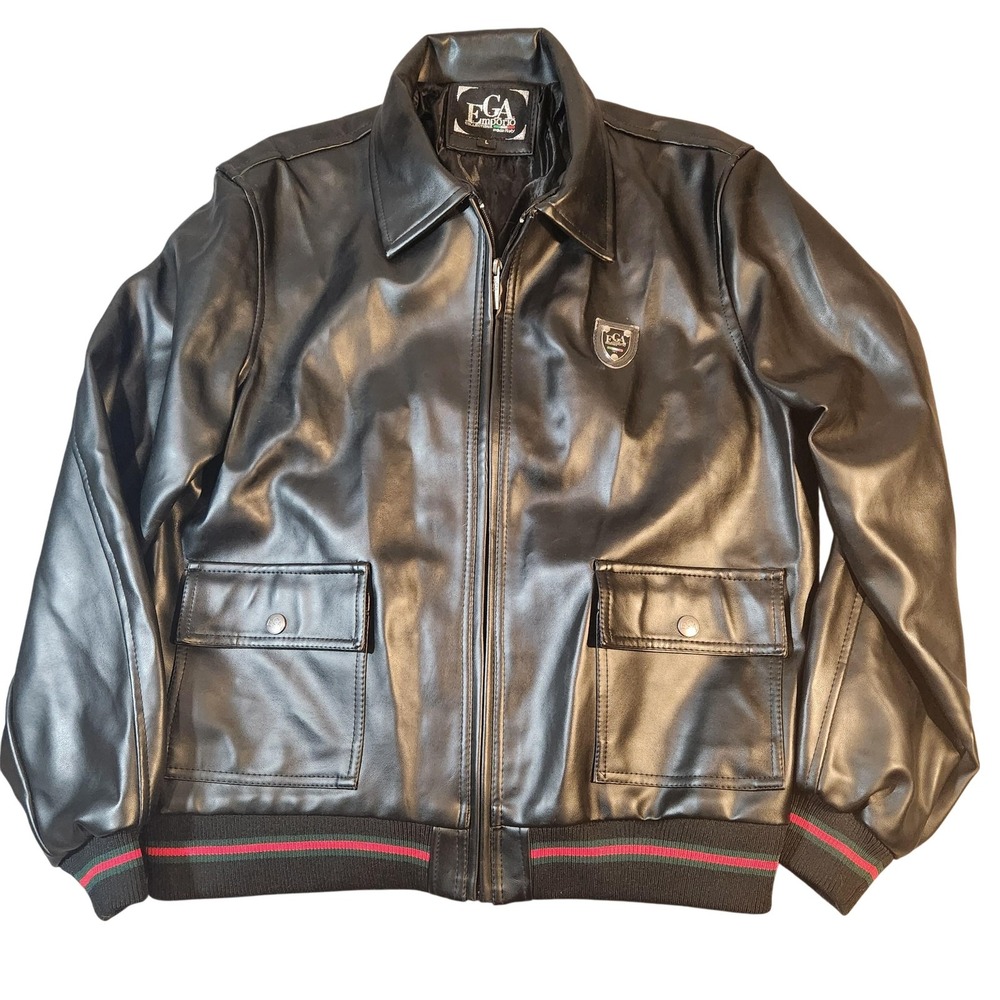 EGA Emporio Collection Jacket Mens Large Black Faux Leather Bomber Made Italy